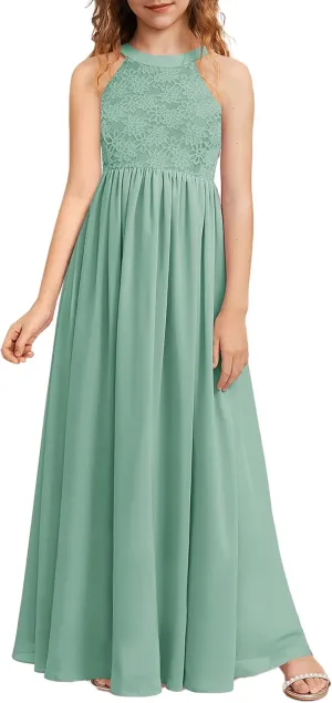 HOSIKA Girls Halter Neck Sleeveless Elegant Lace Chiffon A-line Long Flower Girl Dress for Wedding Party 6-12 Y