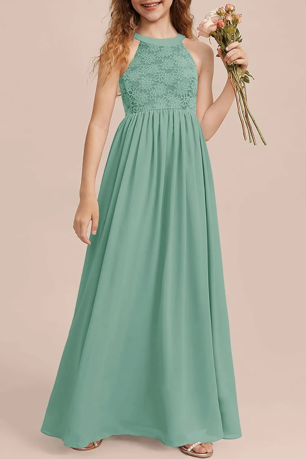 HOSIKA Girls Halter Neck Sleeveless Elegant Lace Chiffon A-line Long Flower Girl Dress for Wedding Party 6-12 Y