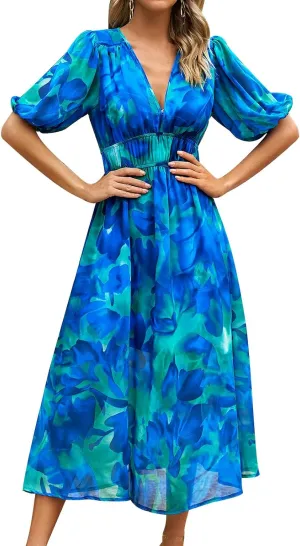 IDOPIP Women Elegant Floral Print Midi Dress Empire Waist Chiffon Dress Summer Boho Flowy Sundress Casual Ruffle Maxi Dress