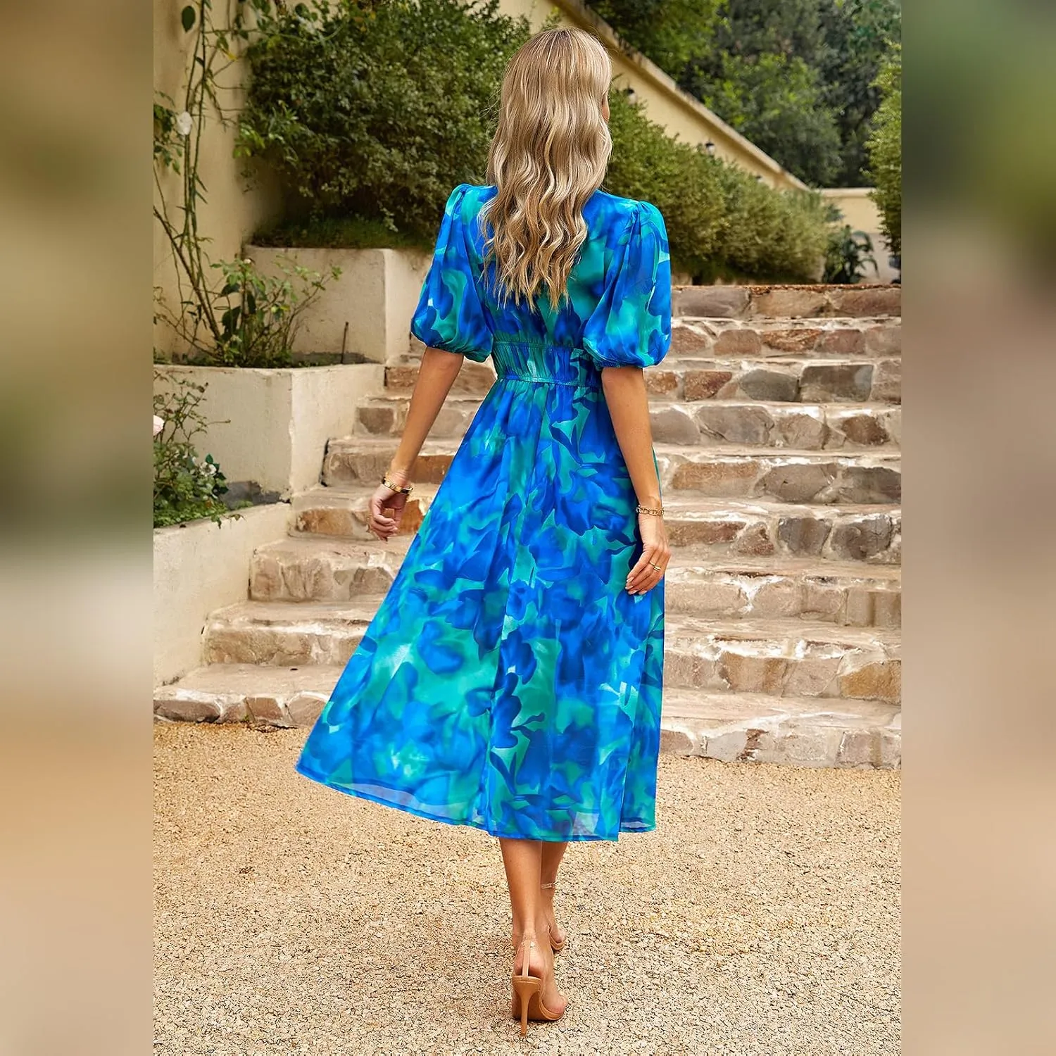 IDOPIP Women Elegant Floral Print Midi Dress Empire Waist Chiffon Dress Summer Boho Flowy Sundress Casual Ruffle Maxi Dress