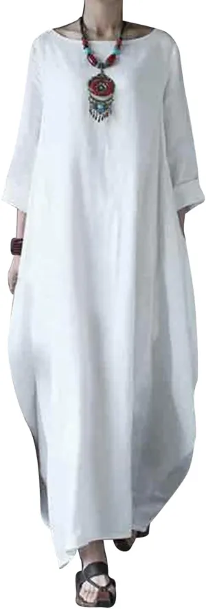 Jacansi Women's Cotton Linen Dress with Pocket Oversized Loose Dress Kaftan Dress