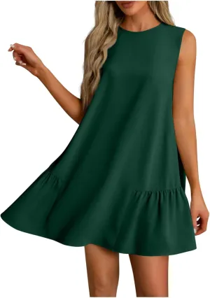 JOAU Summer Dresses for Women 2025 Crew Neck Sleeveless Keyhole Back Beach Sundress Casual Flowy Ruffle Hem Mini Tank Dress