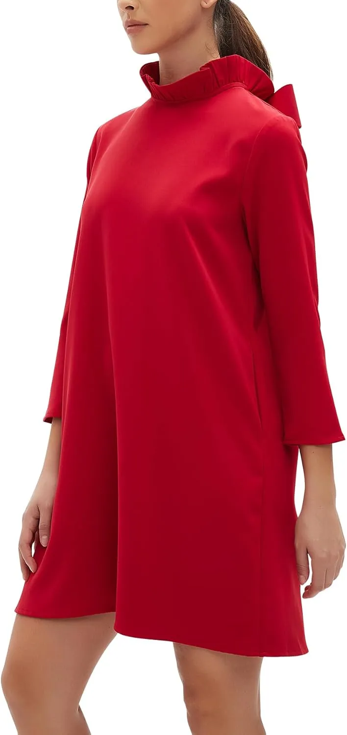 Kedera Women's Fall Bow Tie Dress Casual Mini Dress Ruffle Mock Neck Long Sleeve Dress Swing Elegant Shift Dress