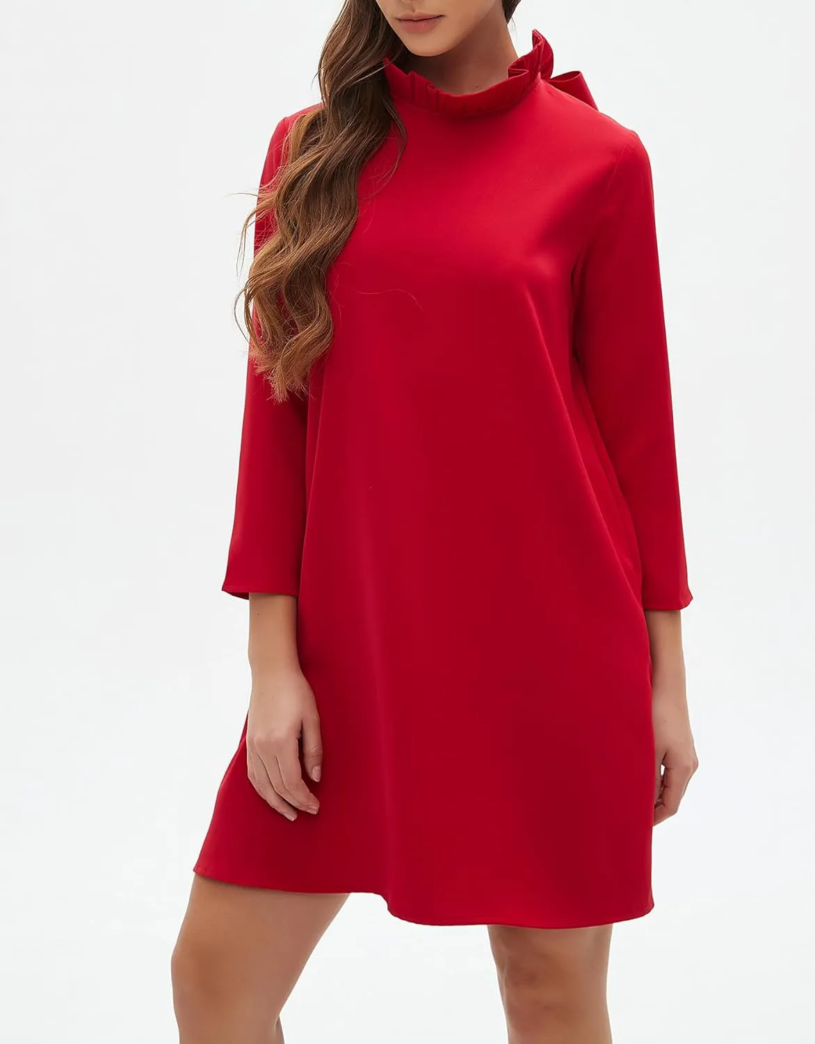 Kedera Women's Fall Bow Tie Dress Casual Mini Dress Ruffle Mock Neck Long Sleeve Dress Swing Elegant Shift Dress