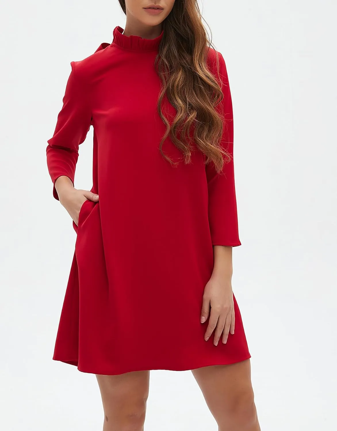 Kedera Women's Fall Bow Tie Dress Casual Mini Dress Ruffle Mock Neck Long Sleeve Dress Swing Elegant Shift Dress