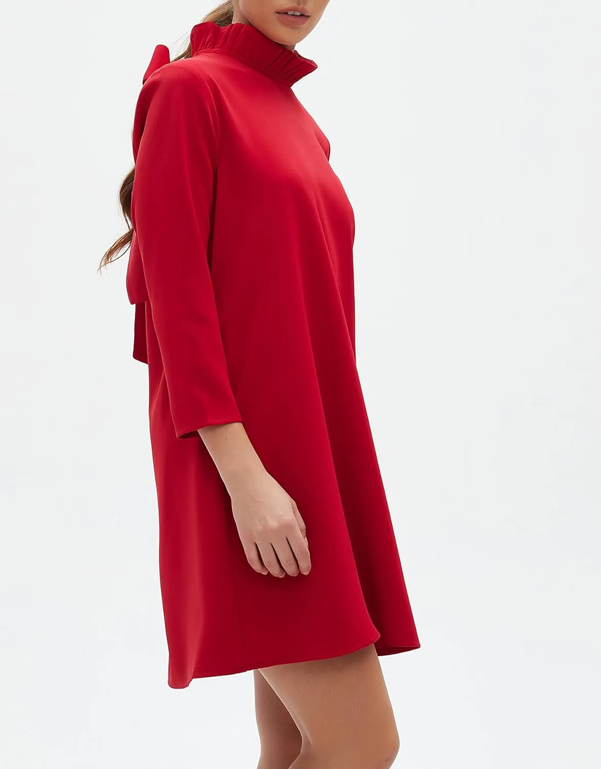 Kedera Women's Fall Bow Tie Dress Casual Mini Dress Ruffle Mock Neck Long Sleeve Dress Swing Elegant Shift Dress