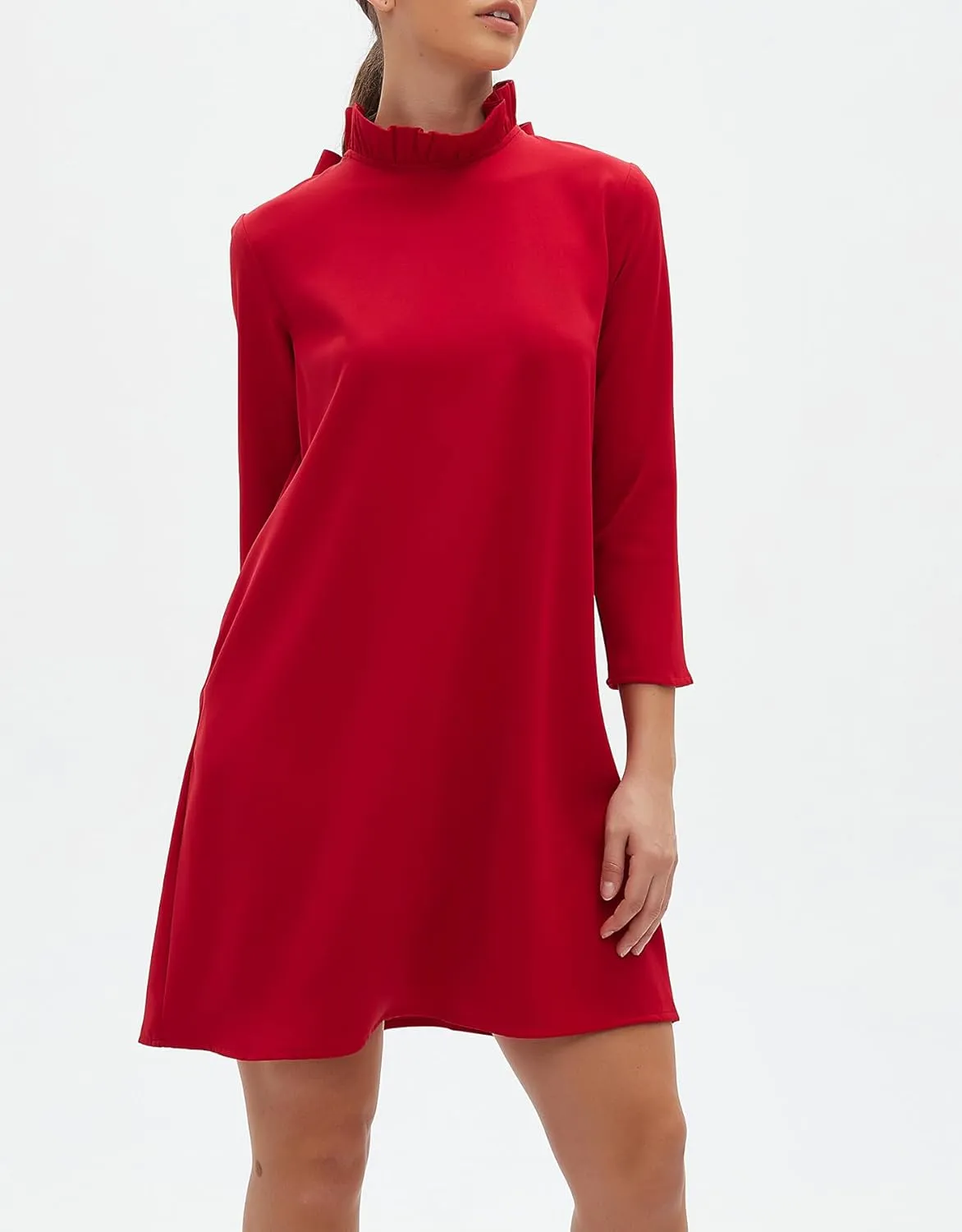 Kedera Women's Fall Bow Tie Dress Casual Mini Dress Ruffle Mock Neck Long Sleeve Dress Swing Elegant Shift Dress