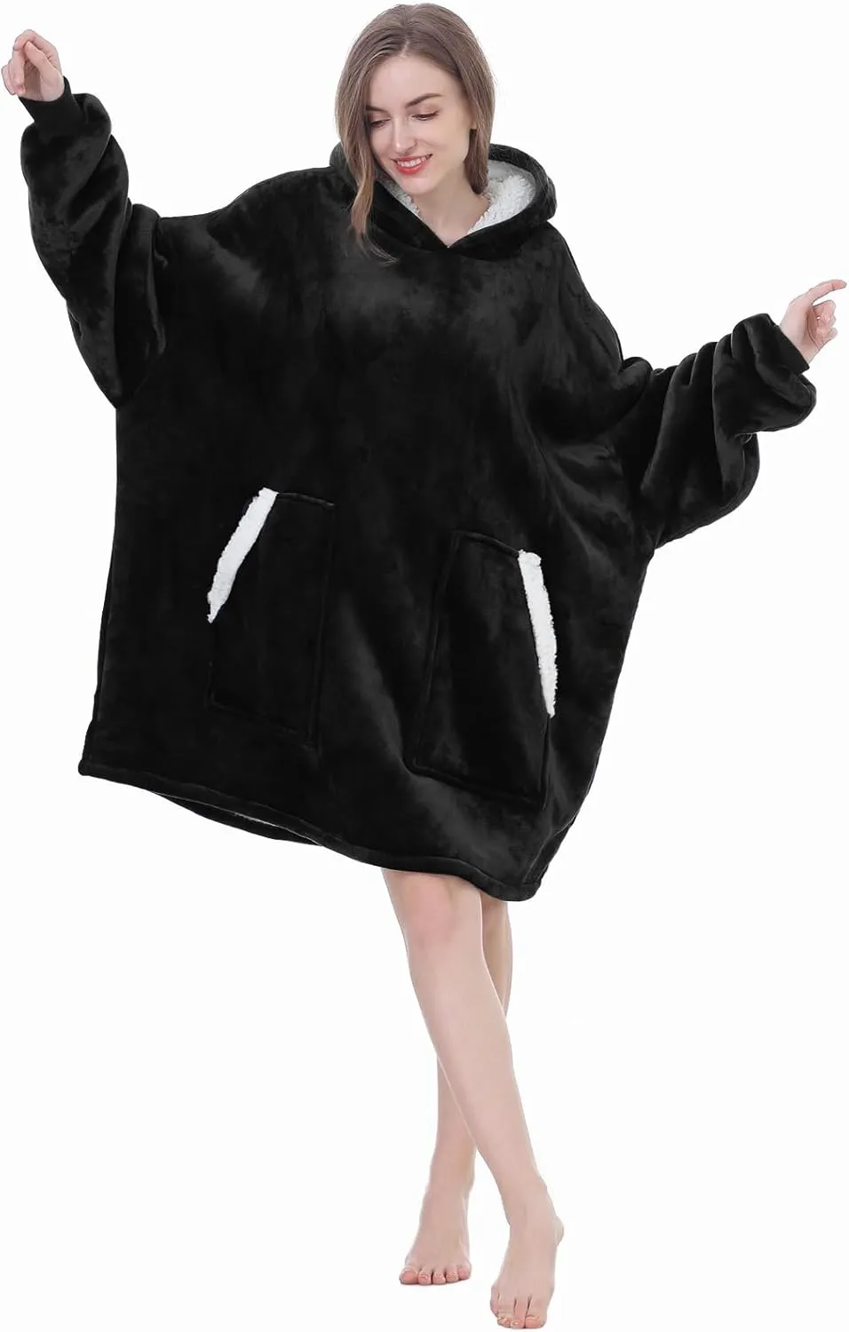 Kipswiza Wearable Blanket Hoodie for Women and Men, Cozy Soft Sherpa Oversized Hooded Blankets Sweatshirt as Gifts for Her Mom Girlfriend, Black