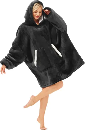 Kipswiza Wearable Blanket Hoodie for Women and Men, Cozy Soft Sherpa Oversized Hooded Blankets Sweatshirt as Gifts for Her Mom Girlfriend, Black