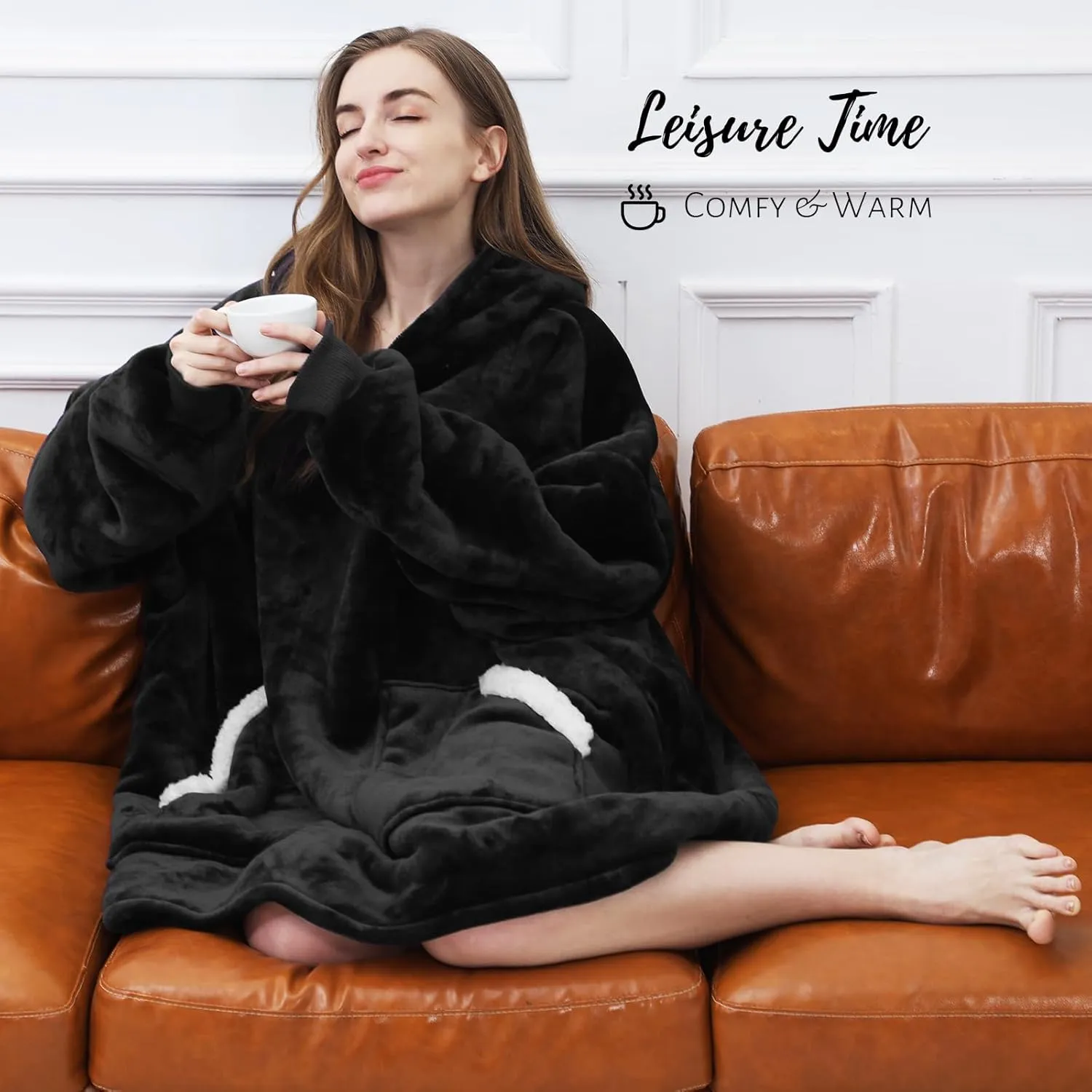 Kipswiza Wearable Blanket Hoodie for Women and Men, Cozy Soft Sherpa Oversized Hooded Blankets Sweatshirt as Gifts for Her Mom Girlfriend, Black