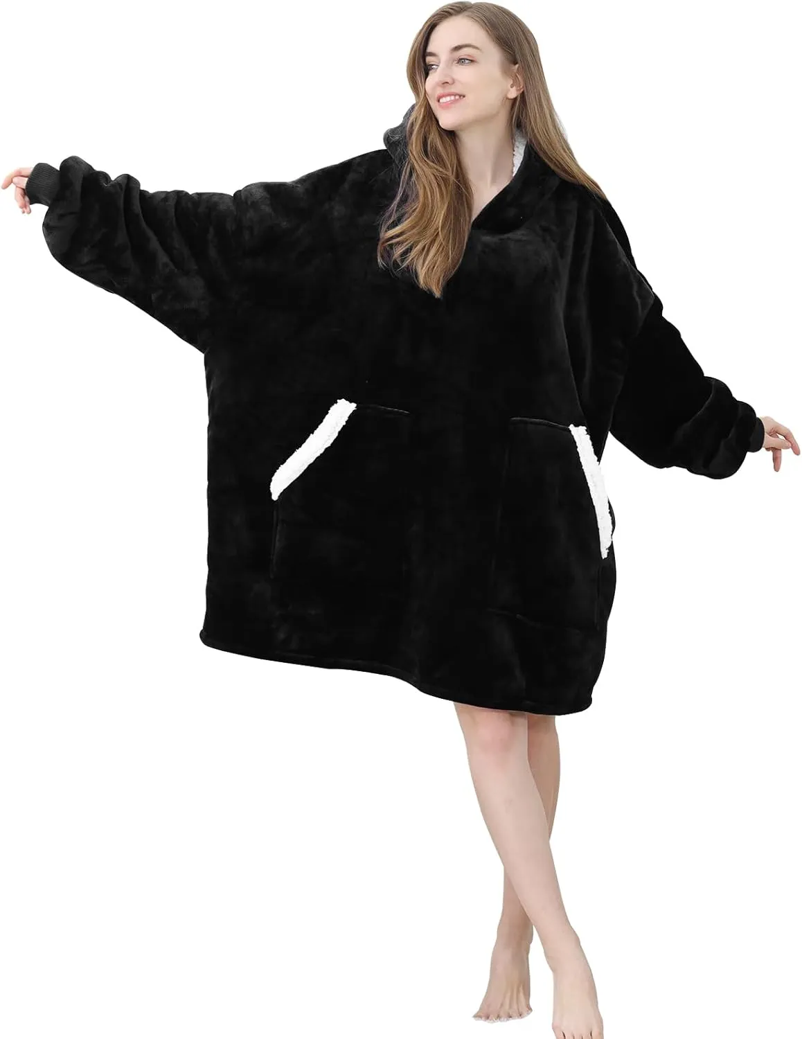 Kipswiza Wearable Blanket Hoodie for Women and Men, Cozy Soft Sherpa Oversized Hooded Blankets Sweatshirt as Gifts for Her Mom Girlfriend, Black