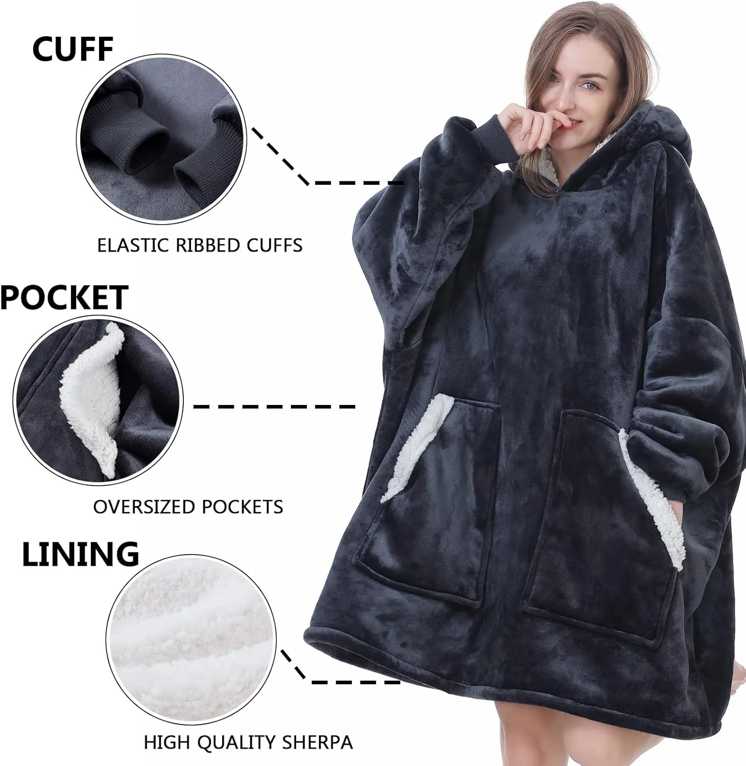 Kipswiza Wearable Blanket Hoodie for Women and Men, Cozy Soft Sherpa Oversized Hooded Blankets Sweatshirt as Gifts for Her Mom Girlfriend, Black