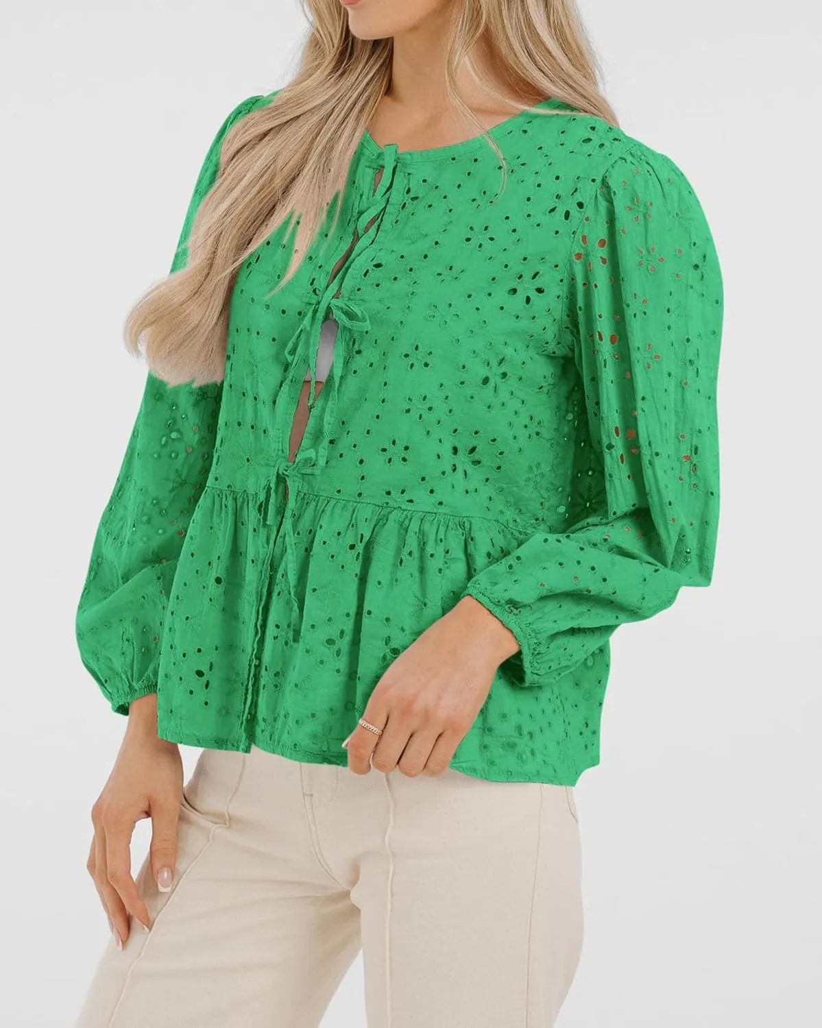 KIRUNDO Womens Tops Casual Dressy Tie Front Bow Puff Sleeve Eyelet Peplum Babydoll Cute Shirts 2025 Spring Trendy Blouse