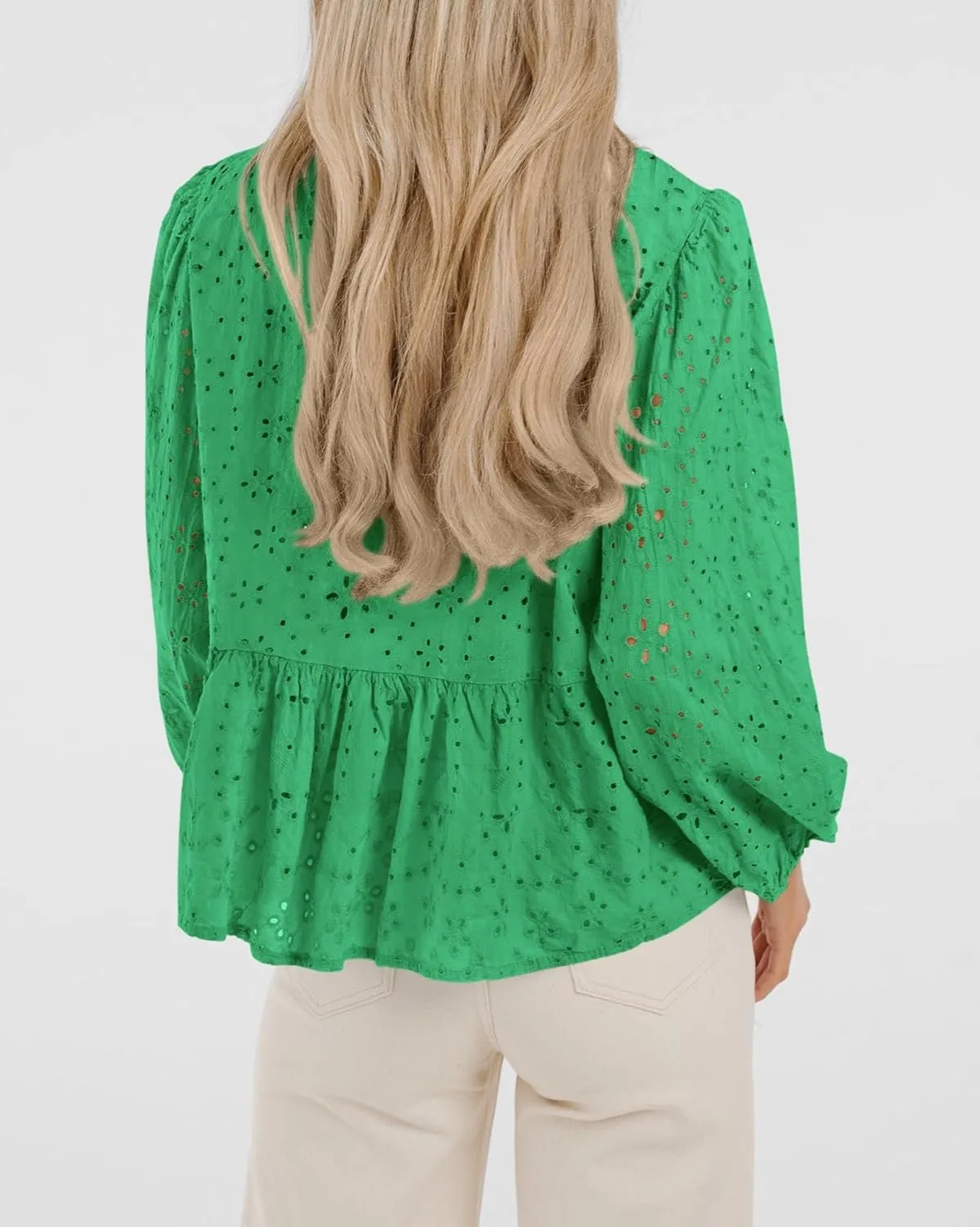 KIRUNDO Womens Tops Casual Dressy Tie Front Bow Puff Sleeve Eyelet Peplum Babydoll Cute Shirts 2025 Spring Trendy Blouse