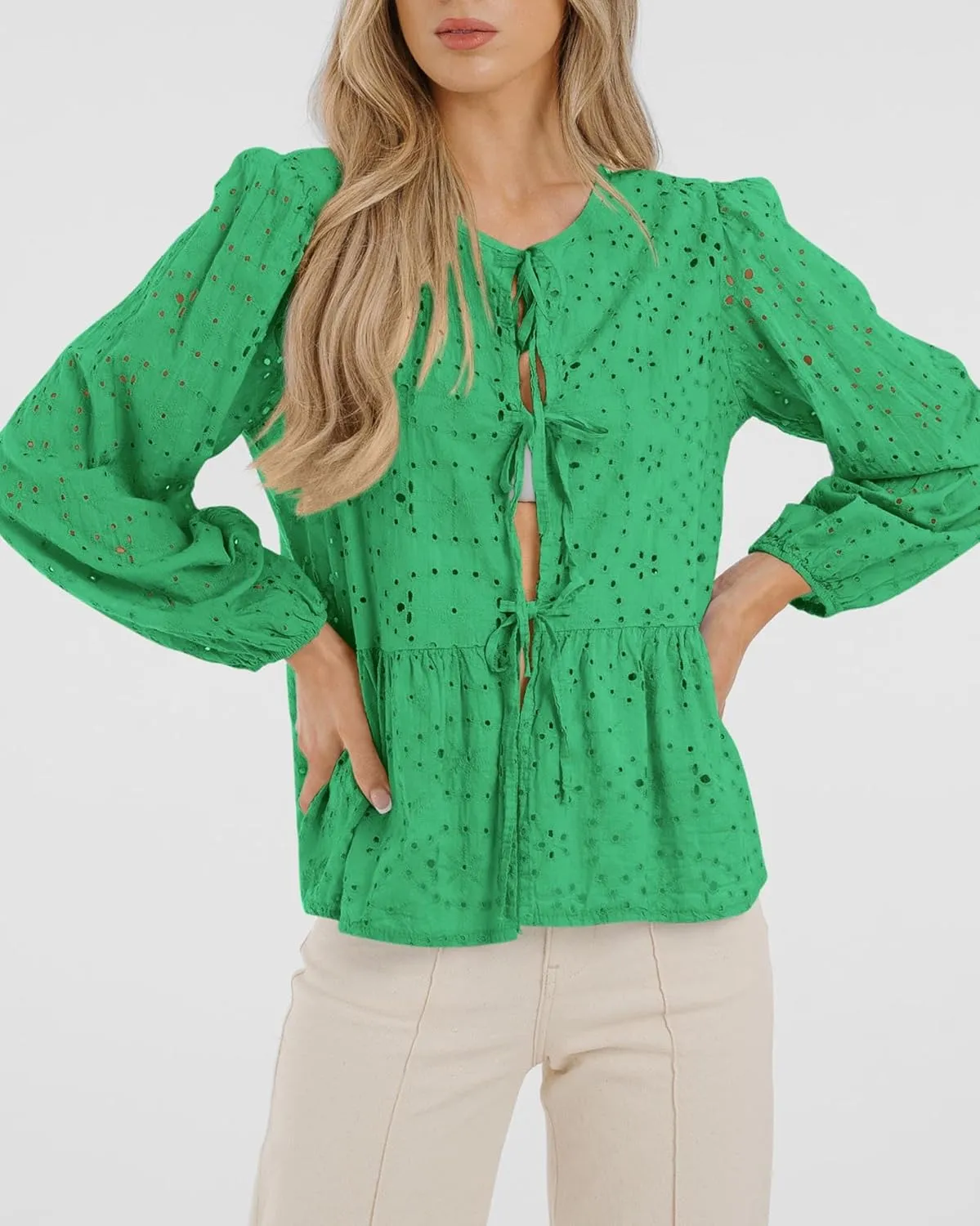 KIRUNDO Womens Tops Casual Dressy Tie Front Bow Puff Sleeve Eyelet Peplum Babydoll Cute Shirts 2025 Spring Trendy Blouse