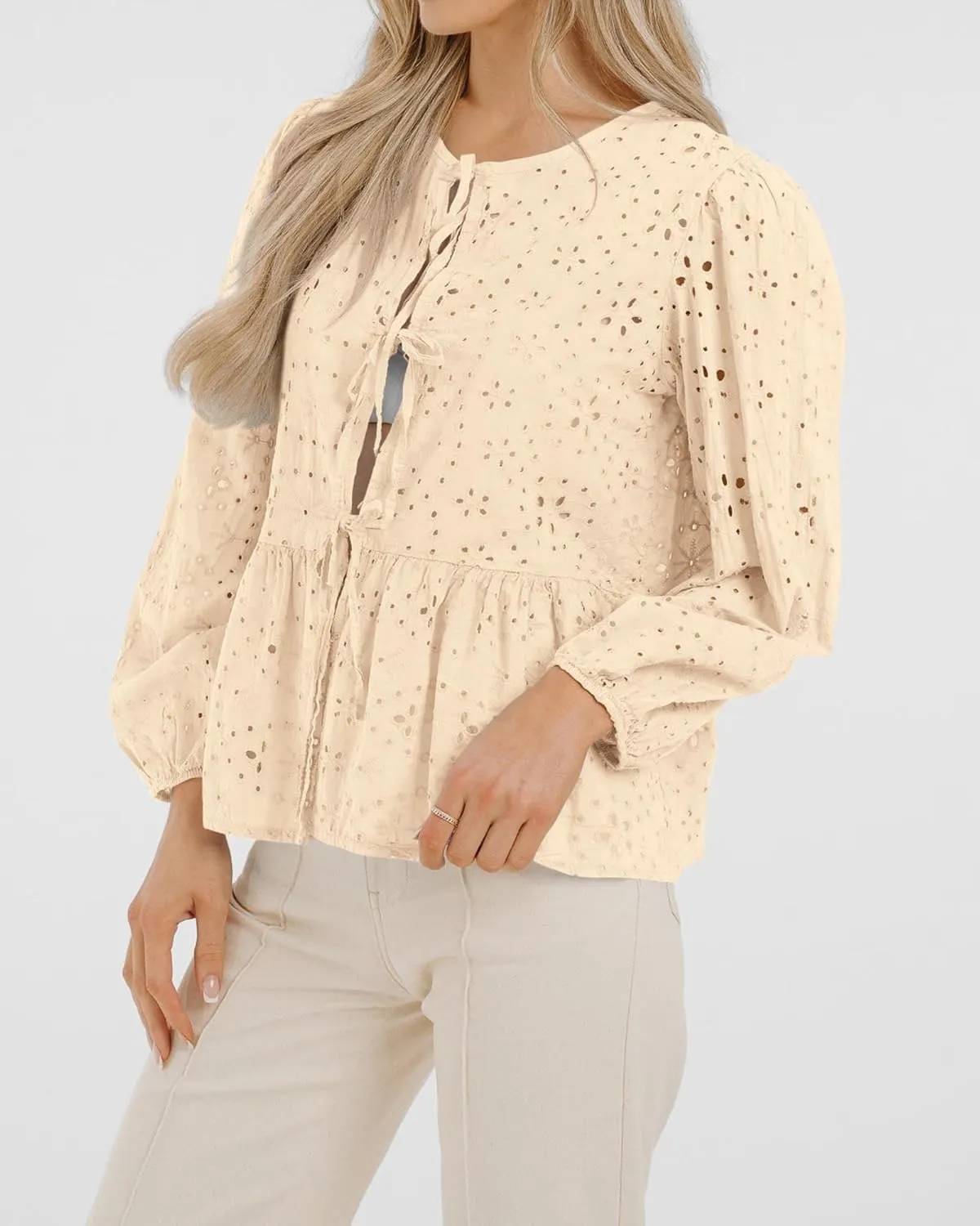 KIRUNDO Womens Tops Casual Dressy Tie Front Bow Puff Sleeve Eyelet Peplum Babydoll Cute Shirts 2025 Spring Trendy Blouse