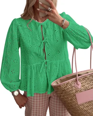 KIRUNDO Womens Tops Casual Dressy Tie Front Bow Puff Sleeve Eyelet Peplum Babydoll Cute Shirts 2025 Spring Trendy Blouse