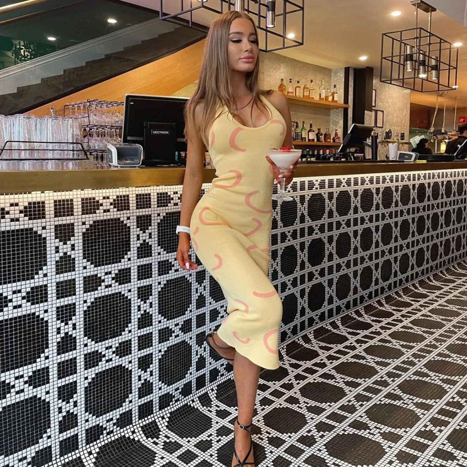 Knit suspenders geometric slim long sexy backless beach dress