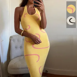 Knit suspenders geometric slim long sexy backless beach dress