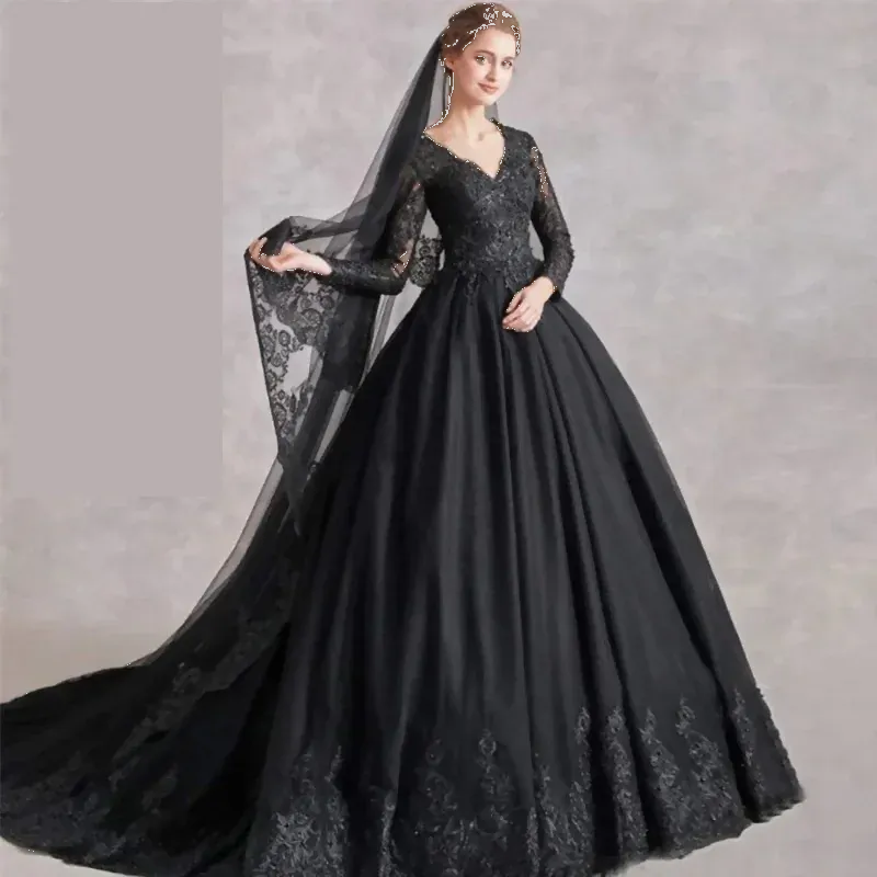 Lace Black Wedding Dress Beaded Sequins Long Sleeve Bridal Ball Gown