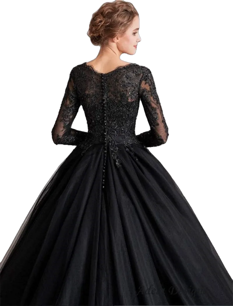 Lace Black Wedding Dress Beaded Sequins Long Sleeve Bridal Ball Gown
