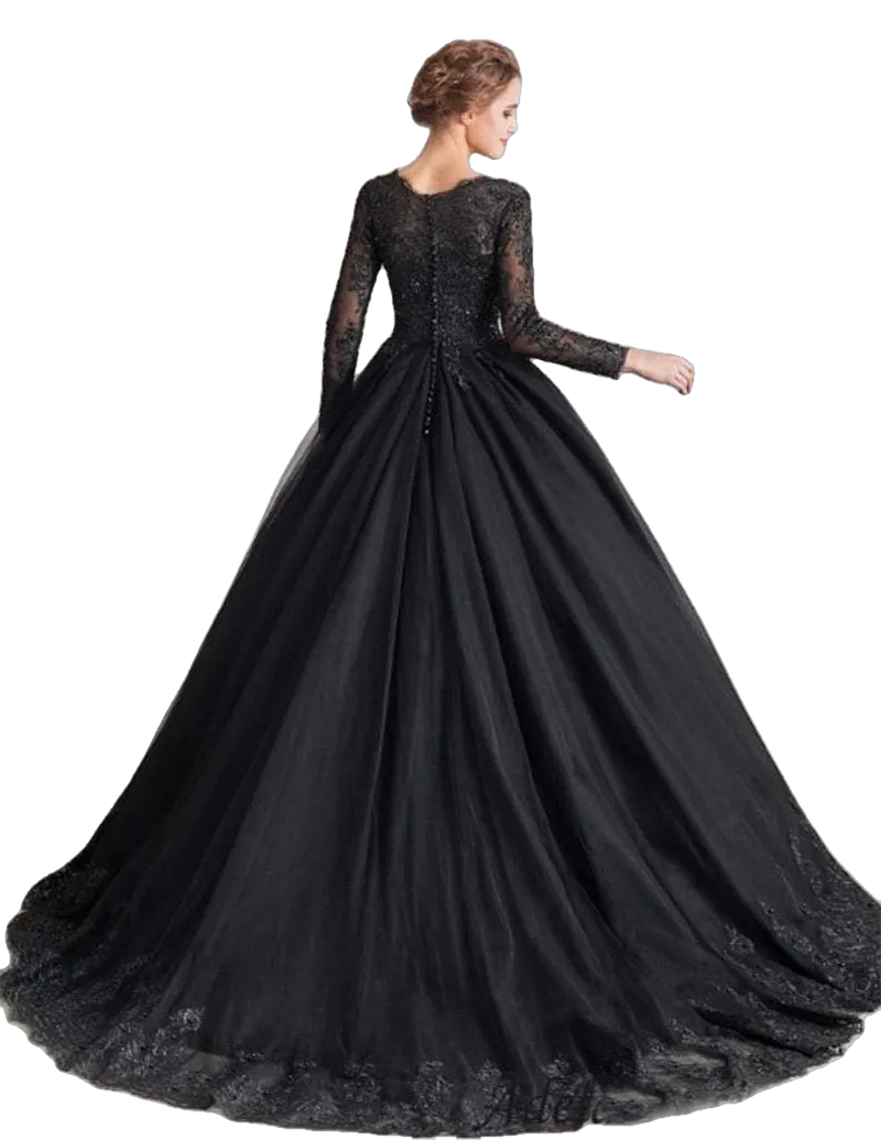 Lace Black Wedding Dress Beaded Sequins Long Sleeve Bridal Ball Gown