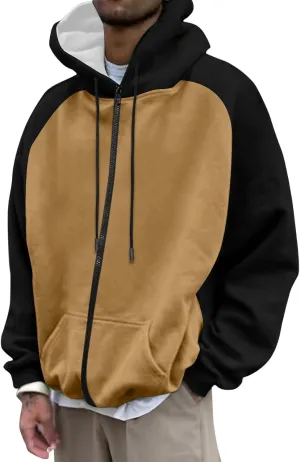 Mens Zipper Hoodies Casual Long Sleeve Sweatshirts Color Block Drawstring Fashion Oversized Cardigan with Pockets
