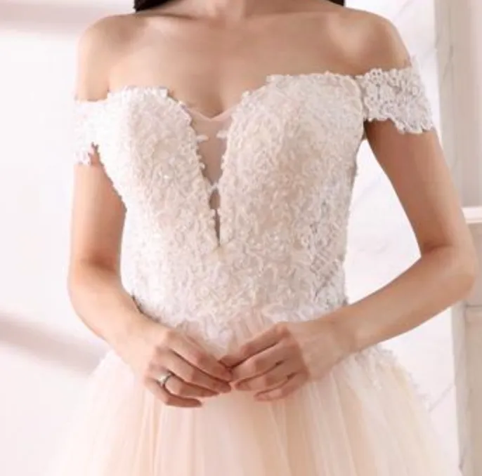 Mini Pearl A Line Off Shoulder Sleeve Bridal Wedding Gown