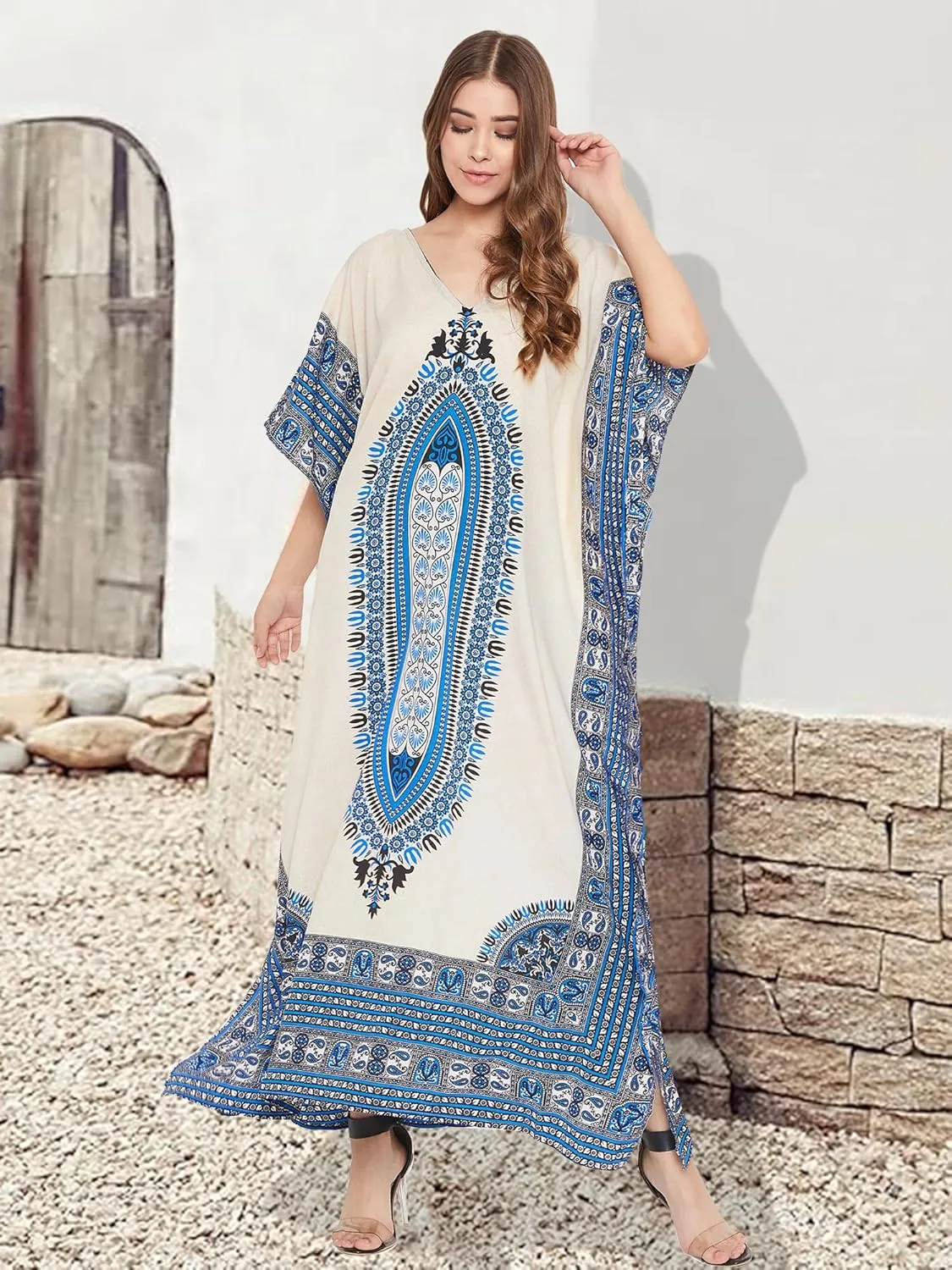 Oussum Women Plus Size Kaftans Kimono Polyester Dresses Loose Caftan Dress Ladies Evening Casual Long Maxi