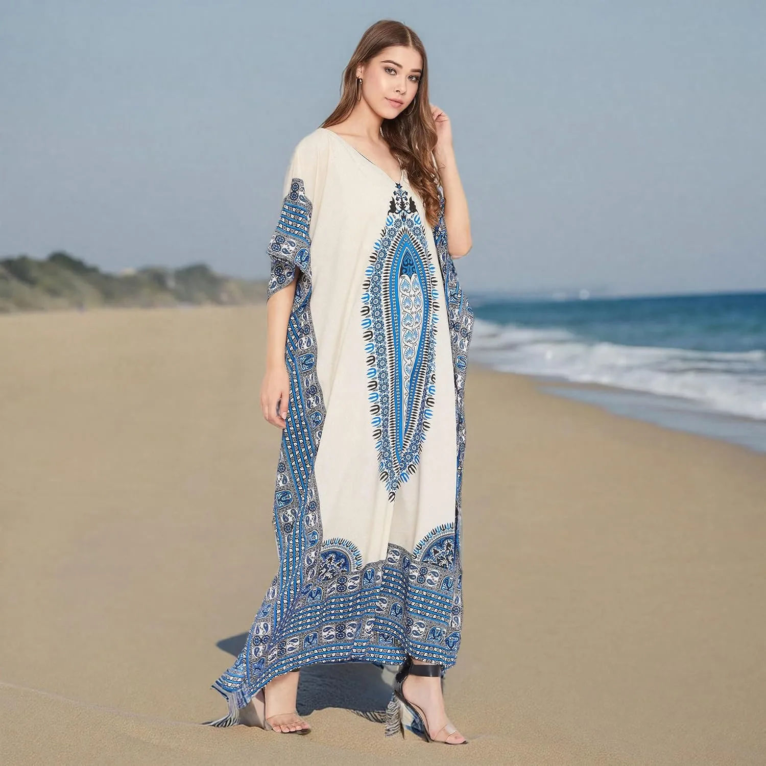 Oussum Women Plus Size Kaftans Kimono Polyester Dresses Loose Caftan Dress Ladies Evening Casual Long Maxi