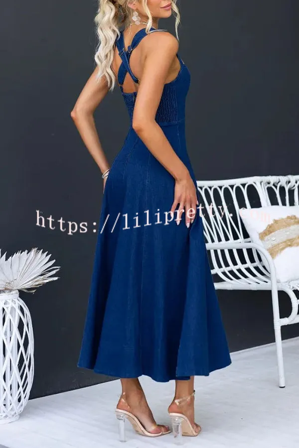 Palara Suspender Back Zipper Distressed Pleated Denim Maxi Dress