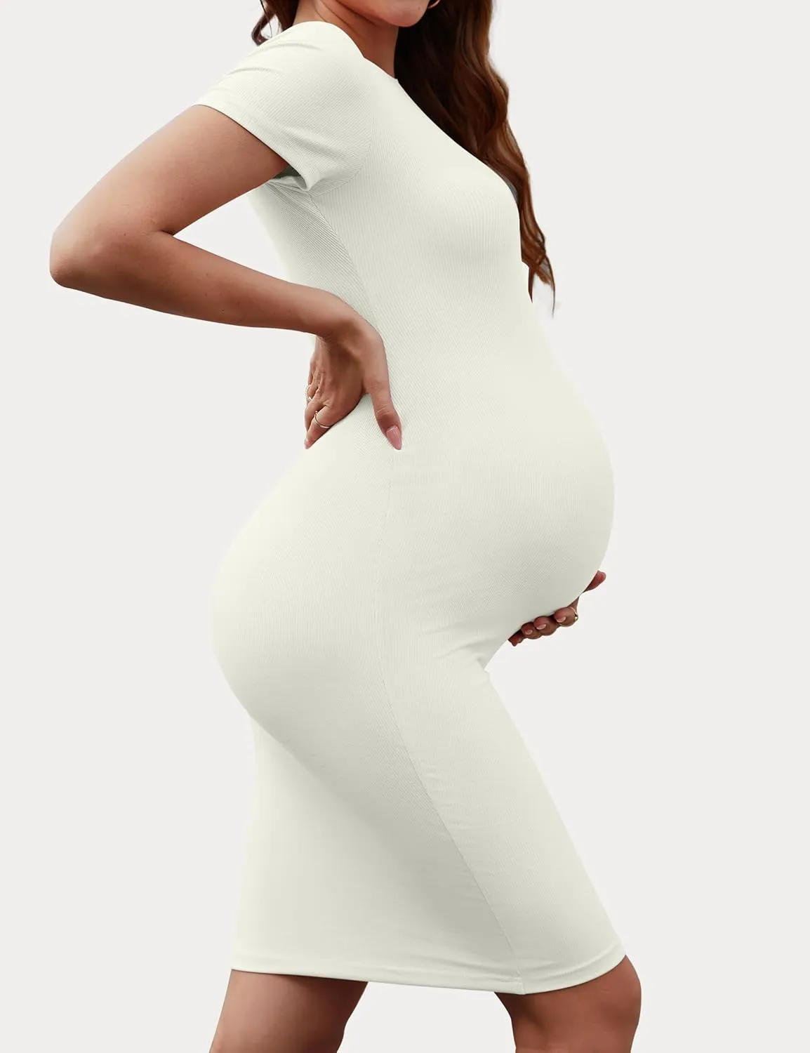 Peauty Maternity Ribbed Crew Neck Bodycon Dress Short Sleeve Baby Shower Dress Casual Lounge Pregnancy Dress