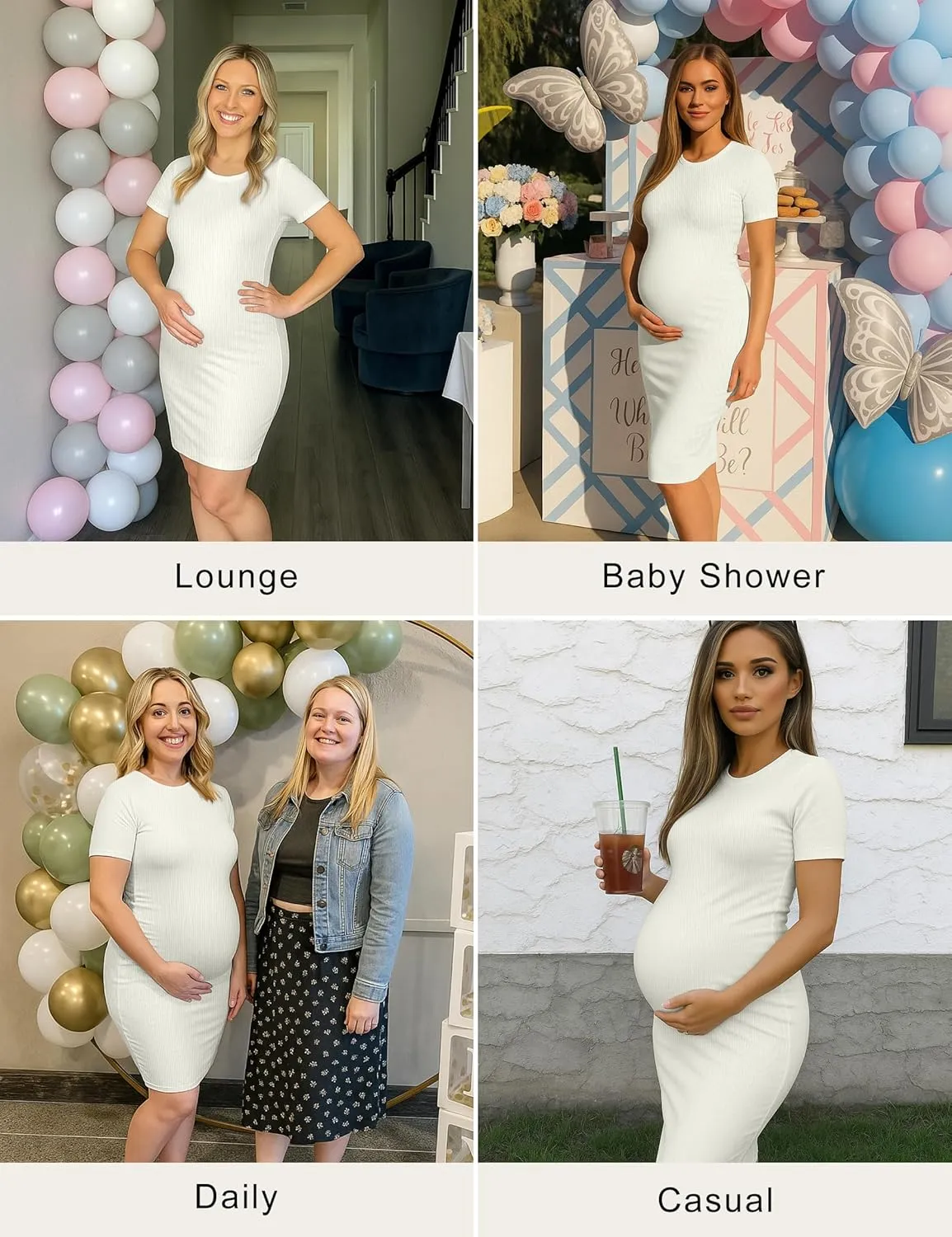 Peauty Maternity Ribbed Crew Neck Bodycon Dress Short Sleeve Baby Shower Dress Casual Lounge Pregnancy Dress