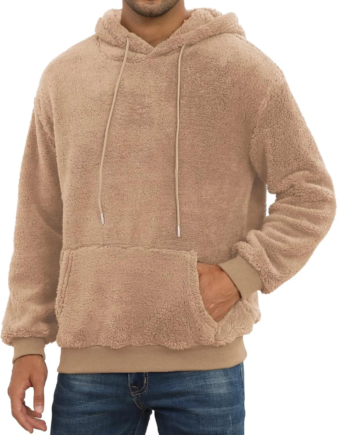 PEGENO Mens Fuzzy Sherpa Hoodie Pullover Sweatshirts Loose Cozy Pocket Long Sleeve Winter Hooded Outwear