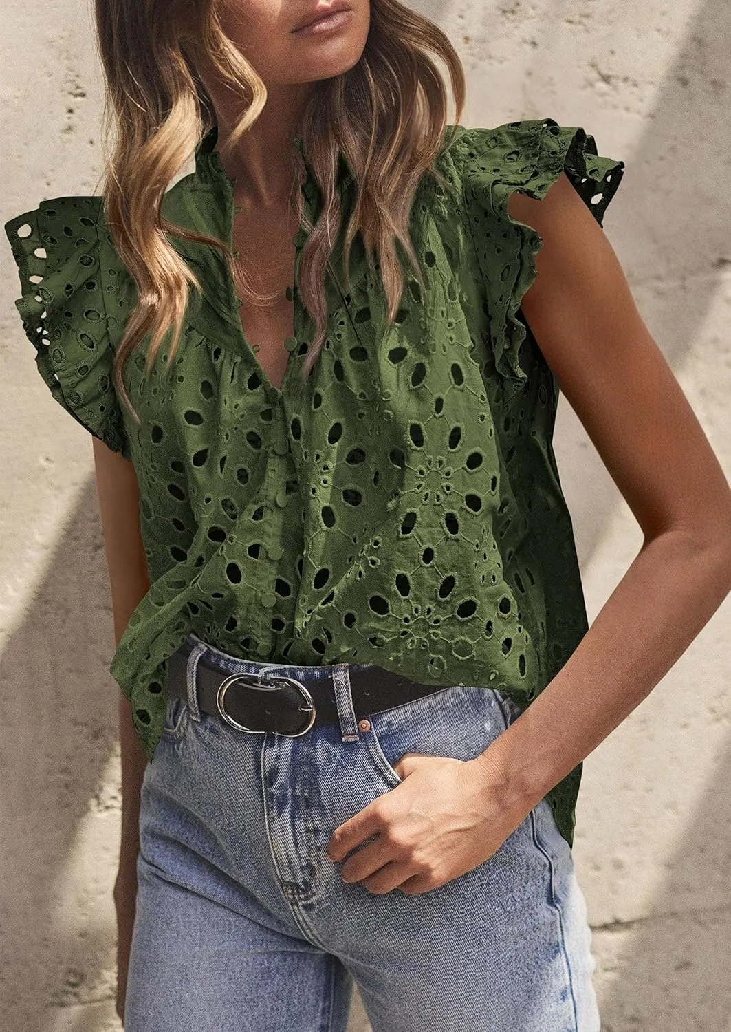 PRETTYGARDEN Womens Summer Tops 2025 Dressy Casual Ruffle Cap Sleeve Button V Neck Embroidered Eyelet Blouses Shirts