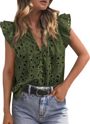 PRETTYGARDEN Womens Summer Tops 2025 Dressy Casual Ruffle Cap Sleeve Button V Neck Embroidered Eyelet Blouses Shirts