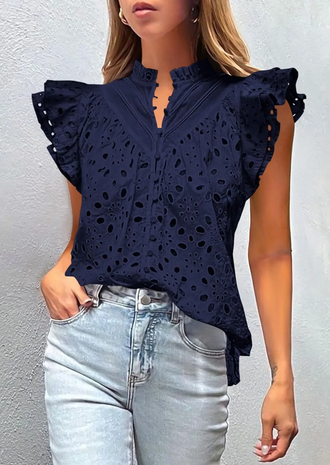 PRETTYGARDEN Womens Summer Tops 2025 Dressy Casual Ruffle Cap Sleeve Button V Neck Embroidered Eyelet Blouses Shirts