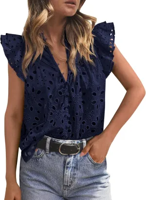 PRETTYGARDEN Womens Summer Tops 2025 Dressy Casual Ruffle Cap Sleeve Button V Neck Embroidered Eyelet Blouses Shirts