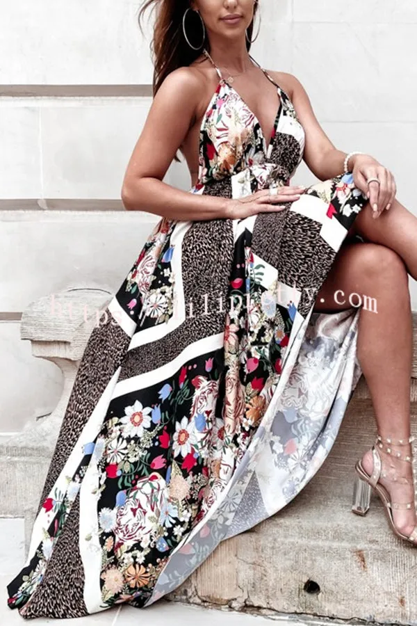 Semi Chic Printed Suspender Pleated Panel Maxi Dress