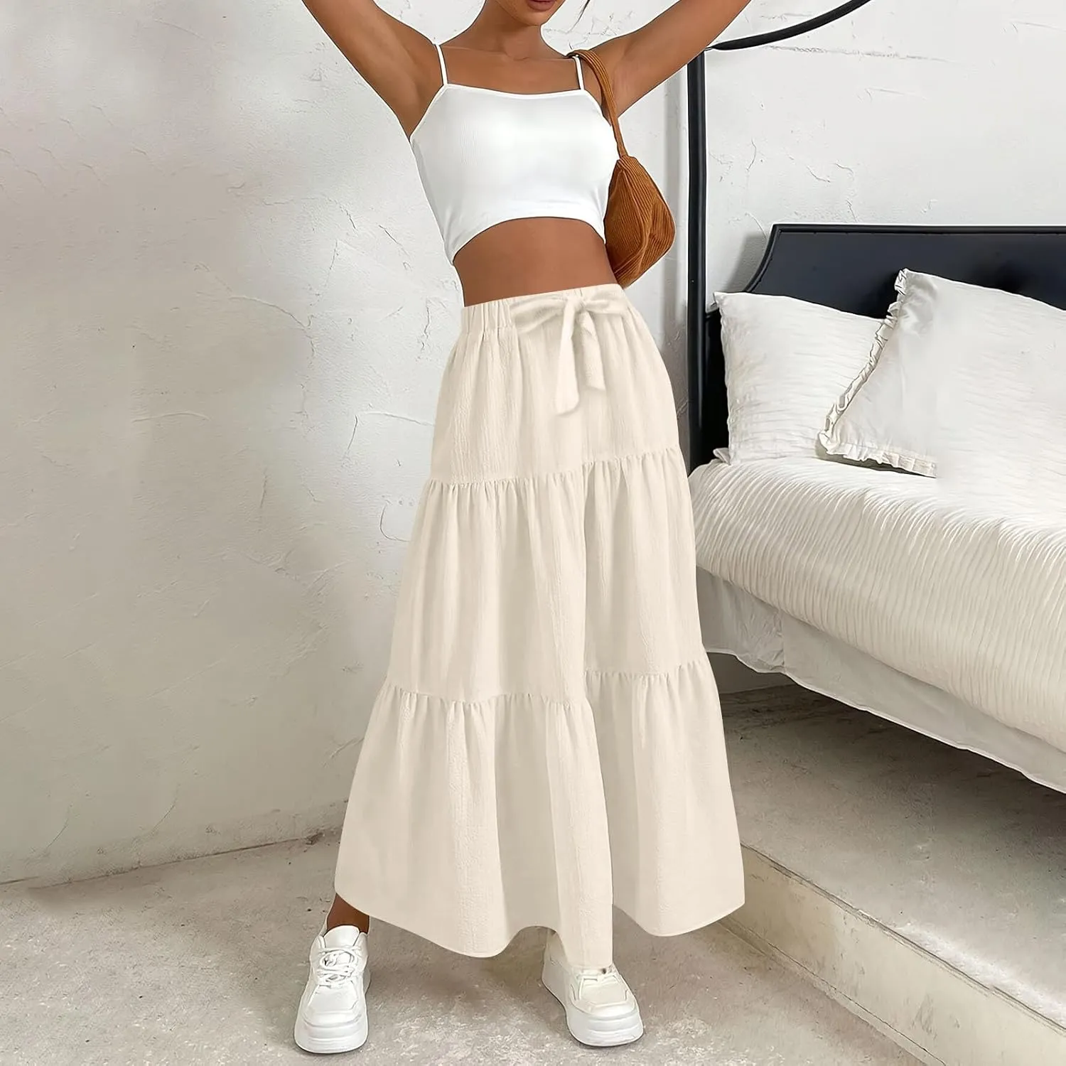 Skirts for Women Trendy High Waisted Tiered Linen Maxi Skirt Casual Flowy Pleated A Line Beach Long Skirts with Tie