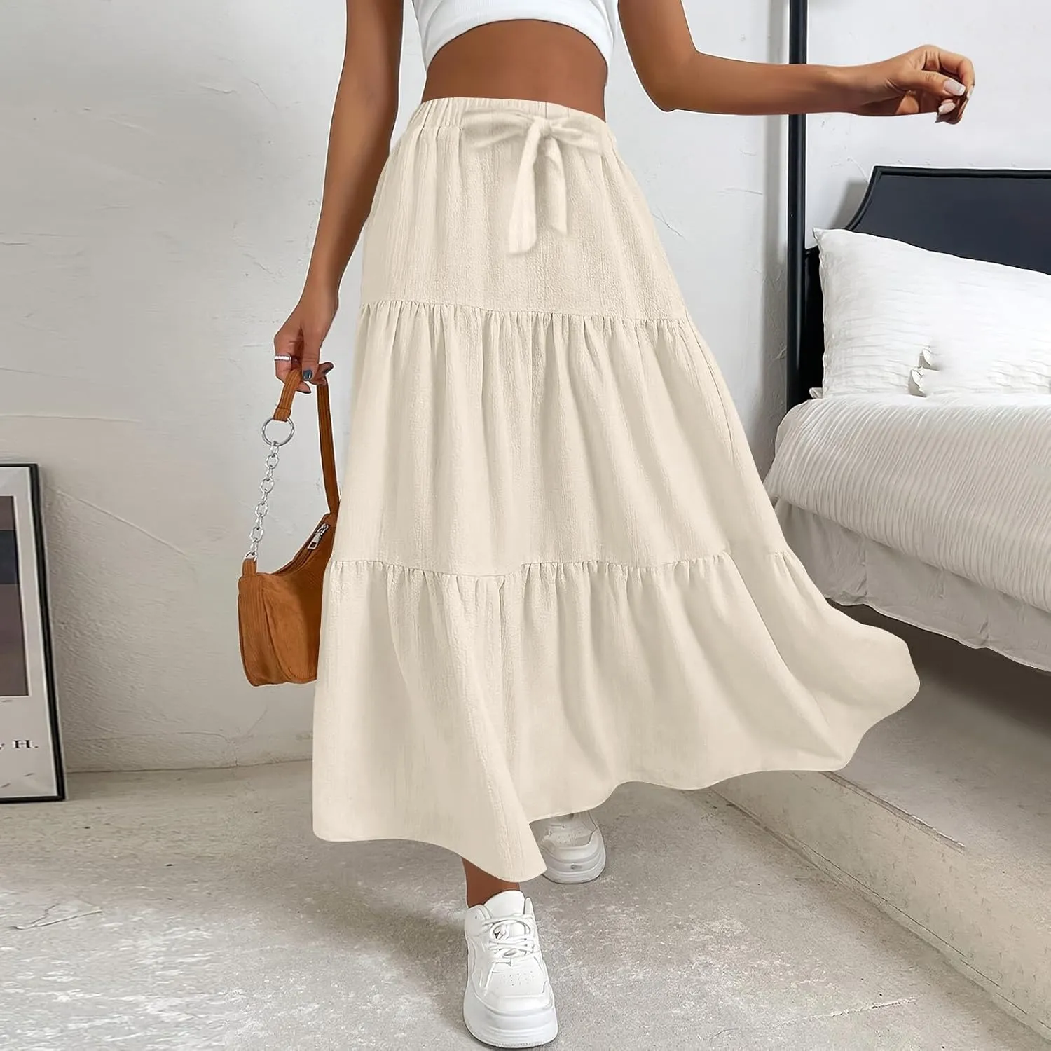 Skirts for Women Trendy High Waisted Tiered Linen Maxi Skirt Casual Flowy Pleated A Line Beach Long Skirts with Tie