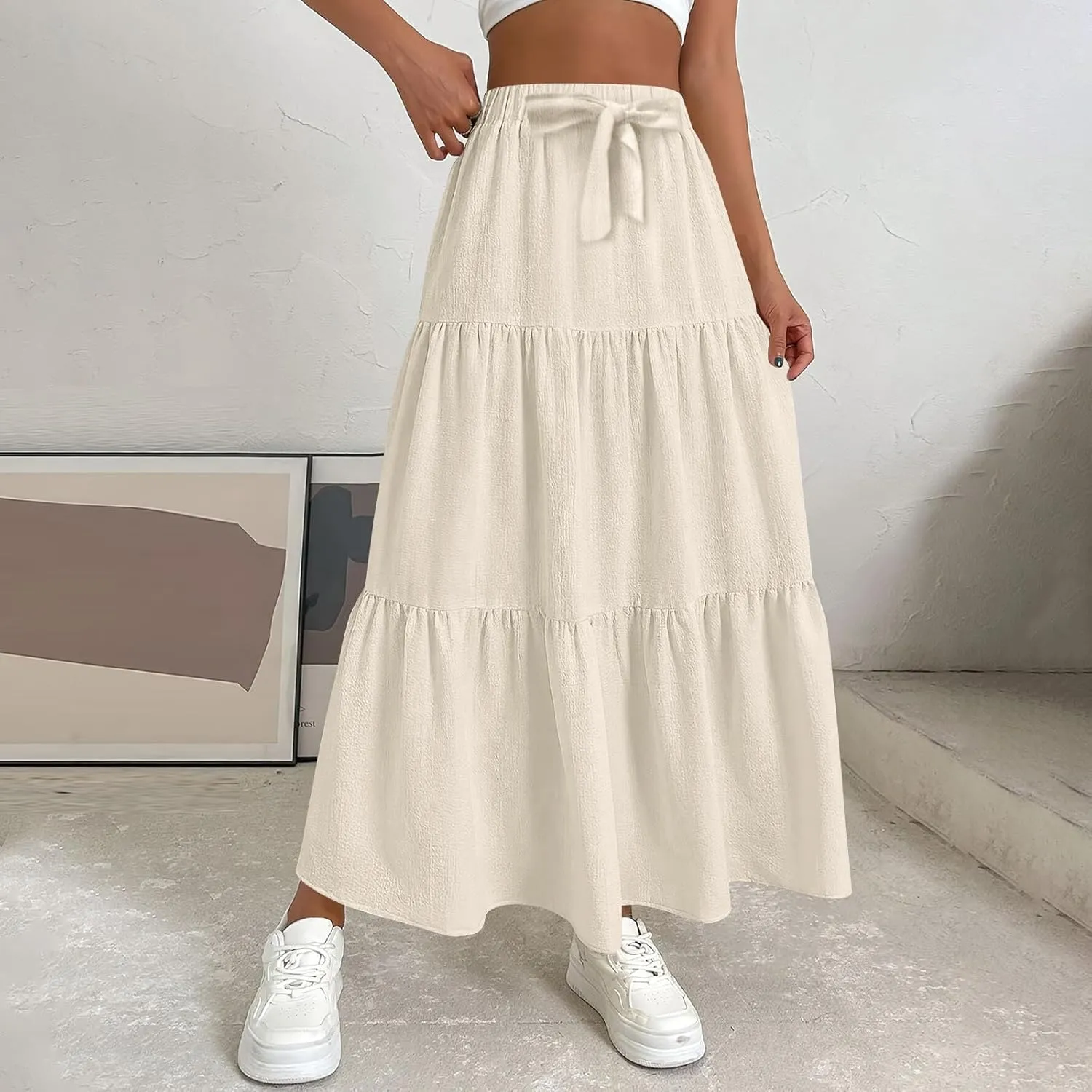 Skirts for Women Trendy High Waisted Tiered Linen Maxi Skirt Casual Flowy Pleated A Line Beach Long Skirts with Tie
