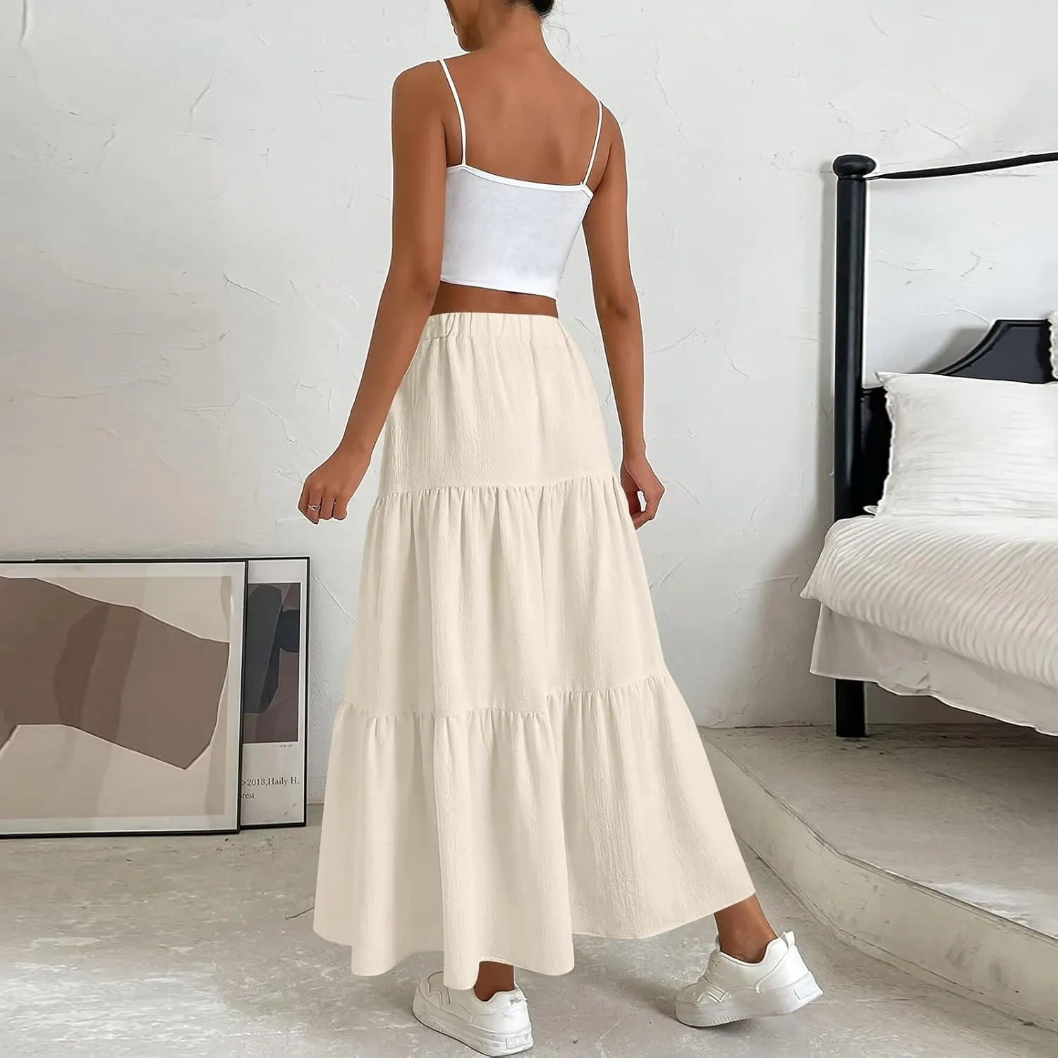 Skirts for Women Trendy High Waisted Tiered Linen Maxi Skirt Casual Flowy Pleated A Line Beach Long Skirts with Tie