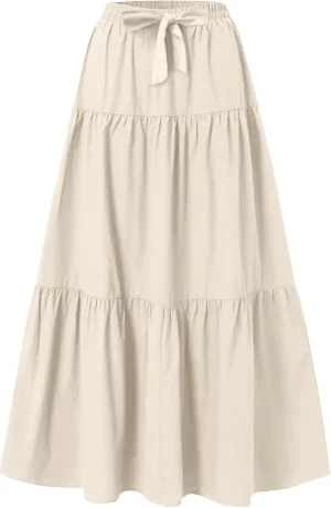 Skirts for Women Trendy High Waisted Tiered Linen Maxi Skirt Casual Flowy Pleated A Line Beach Long Skirts with Tie