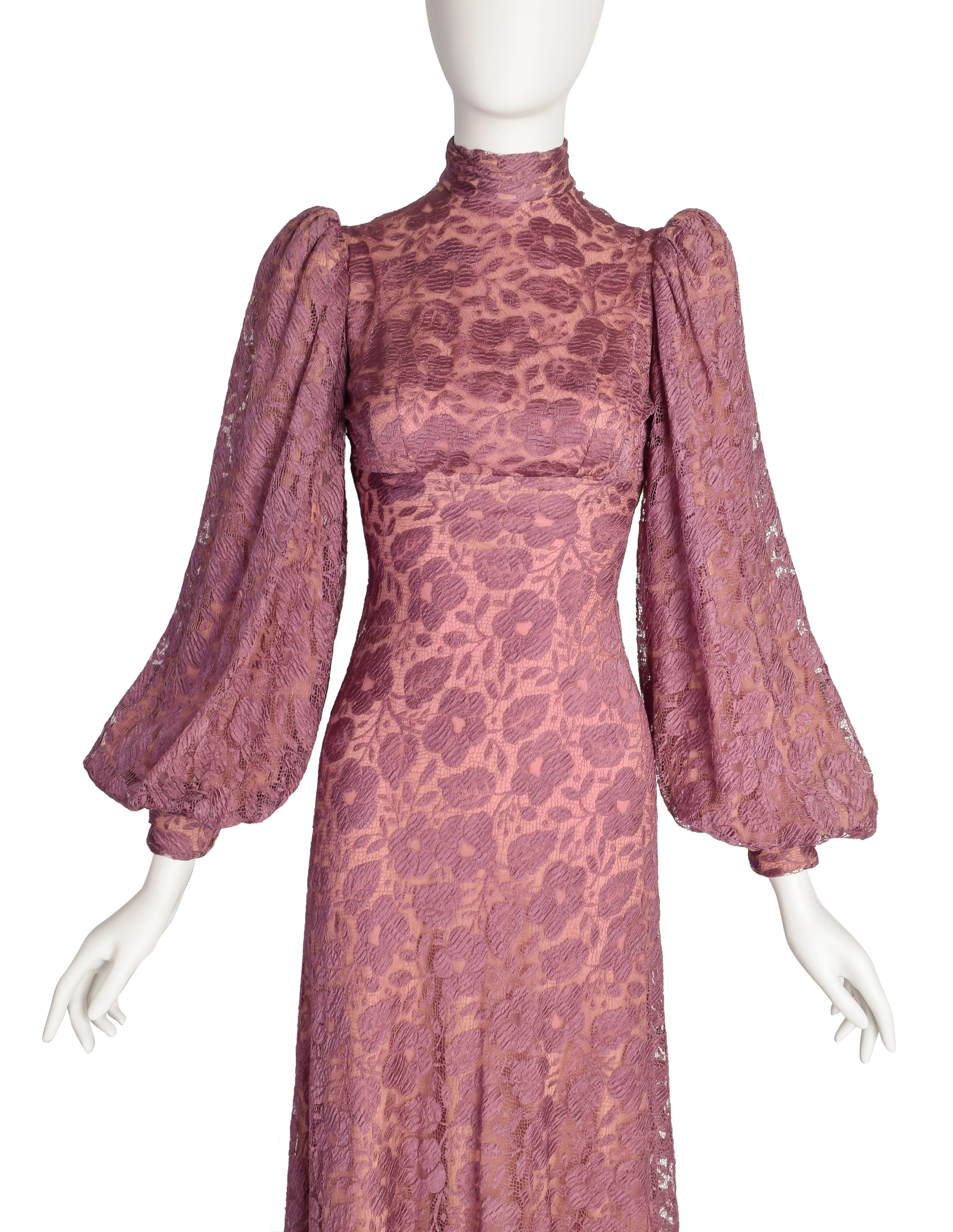 Stavropoulos Vintage 1970s Purple Mauve Lace Empire Waist Bishop Sleeve Dress
