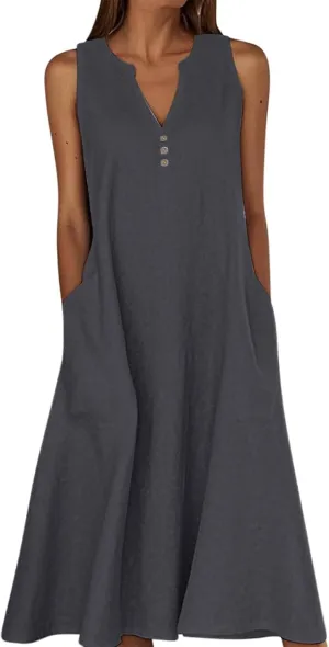 Summer Dresses for Women Casual Sleeveless Cotton Linen Sundresses V Neck Flowy Beach Vacation Dress with Pockets