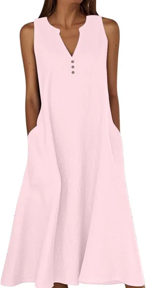 Summer Dresses for Women Casual Sleeveless Cotton Linen Sundresses V Neck Flowy Beach Vacation Dress with Pockets