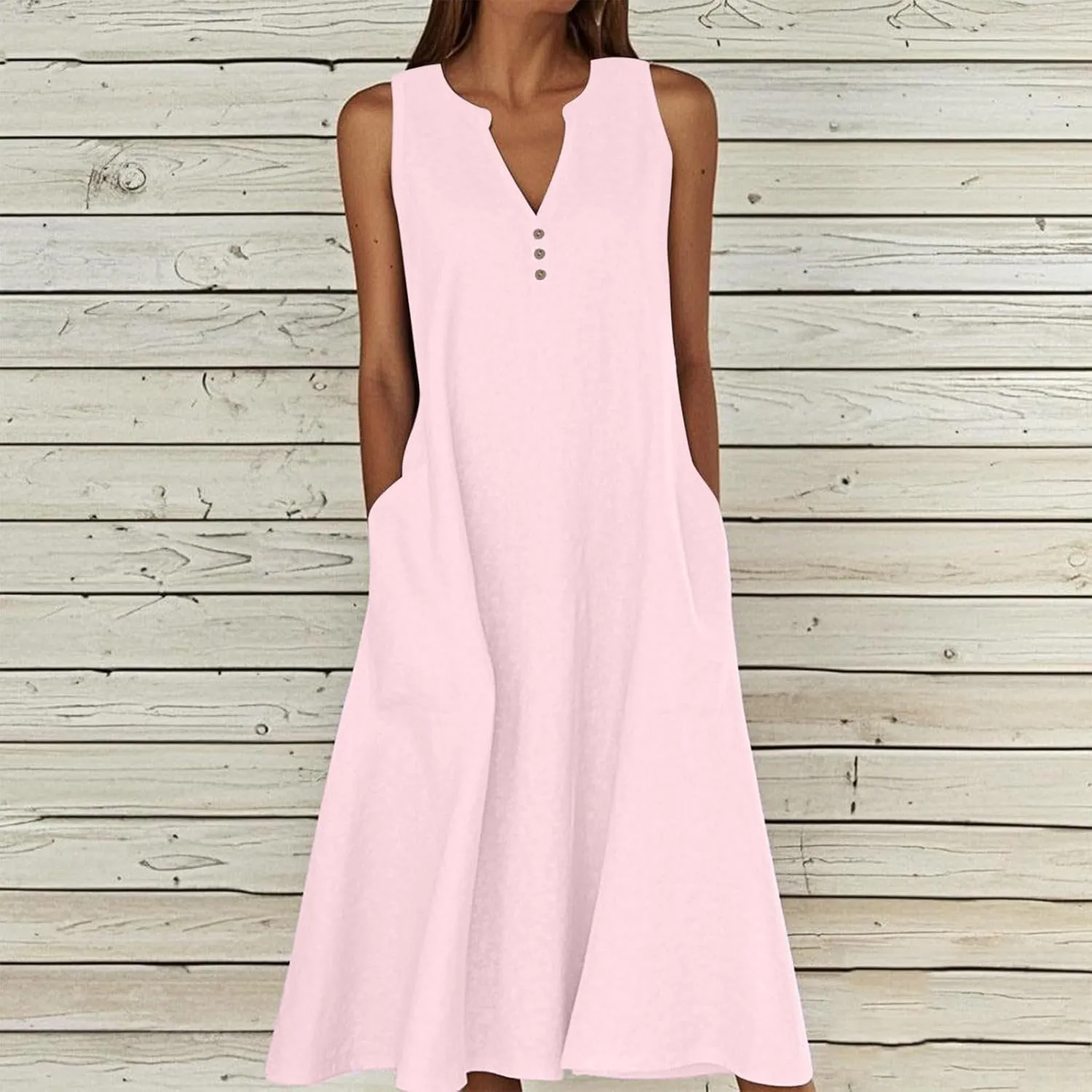 Summer Dresses for Women Casual Sleeveless Cotton Linen Sundresses V Neck Flowy Beach Vacation Dress with Pockets