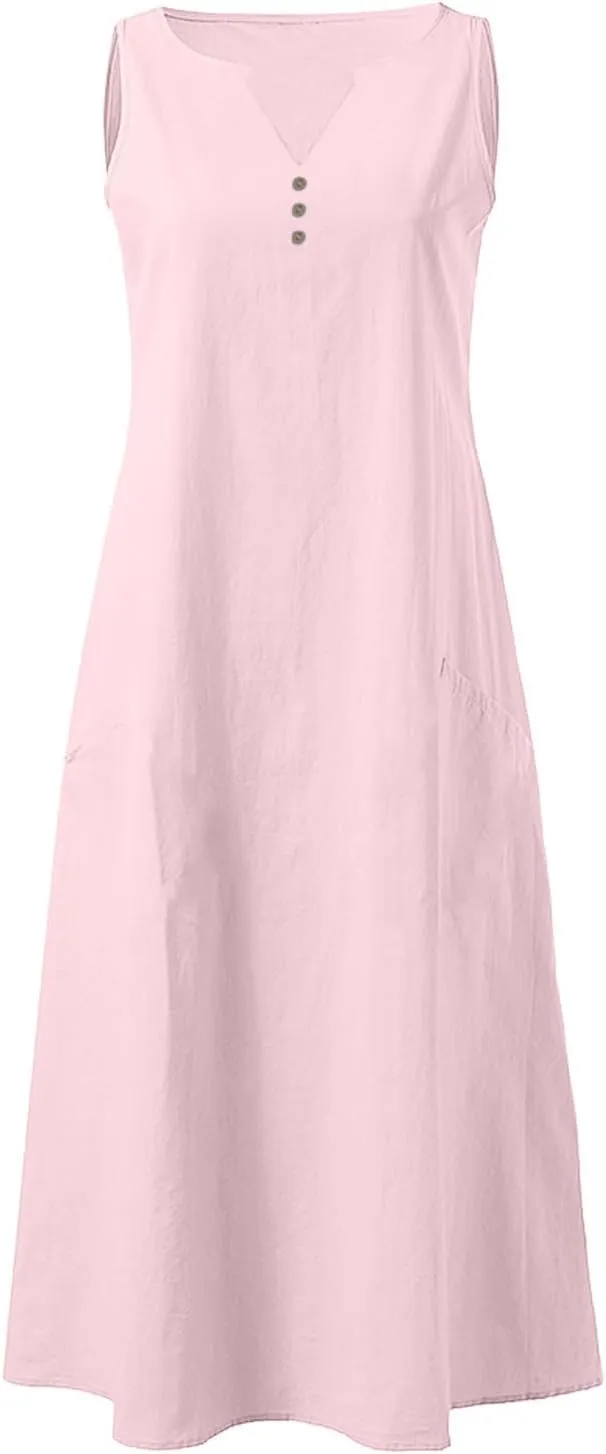 Summer Dresses for Women Casual Sleeveless Cotton Linen Sundresses V Neck Flowy Beach Vacation Dress with Pockets