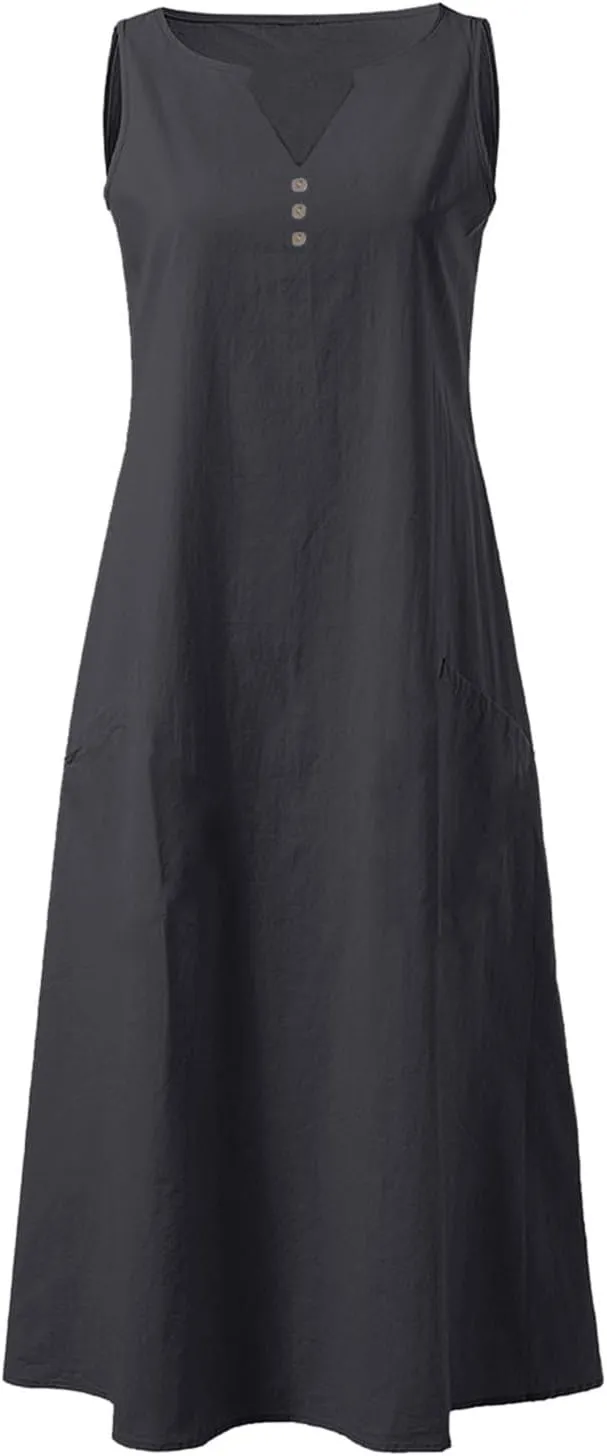 Summer Dresses for Women Casual Sleeveless Cotton Linen Sundresses V Neck Flowy Beach Vacation Dress with Pockets